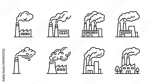 collection of factory smoke, minimal thin icon vector set , white background , PNG and SVG isolate