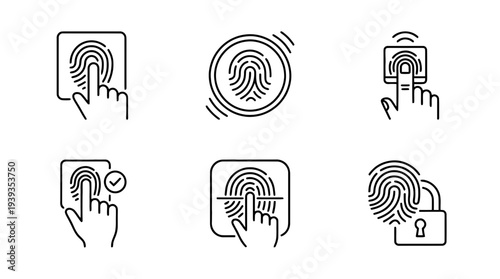 collection of fingerprint scanner, minimal thin icon vector set , white background , PNG and SVG isolate