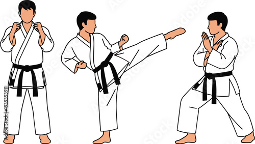 Cartoon martial artists karate pose, black belt fighters illustration, self-defense training concept, cad drawing flat vector illustration