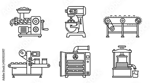 collection of food processing machine, minimal thin icon vector set , white background , PNG and SVG isolate