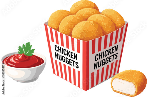 Chicken Nuggets Fast Food Vector Illustration with Crispy Nuggets in Striped Box, Tomato Ketchup Sauce Dip and Fried Chicken Snack