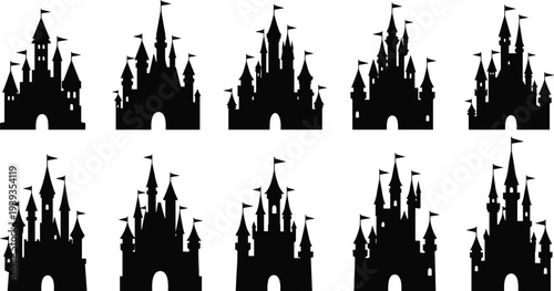 Black Silhouette Fantasy Castle Icons Collection: Fairy Tale Kingdom, Magic Palace, Medieval Fortresses, and Royal Dream Landmark Vector Graphics Set