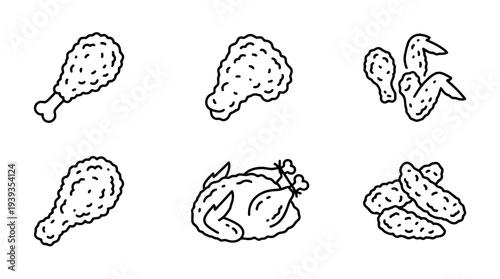 collection of fried chicken, minimal thin icon vector set , white background , PNG and SVG isolate