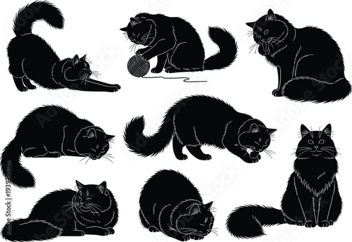 Cat silhouettes in playful, grooming, and resting poses, feline behavior concept, cad drawing flat vector illustration, animal character reference set