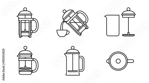 collection of french press, minimal thin icon vector set , white background , PNG and SVG isolate