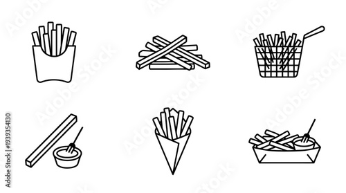 collection of french fries, minimal thin icon vector set , white background , PNG and SVG isolate