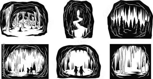 Cave silhouette illustrations, black and white nature vector art, forest and exploration scenes, stalactite formations, dramatic underground landscapes