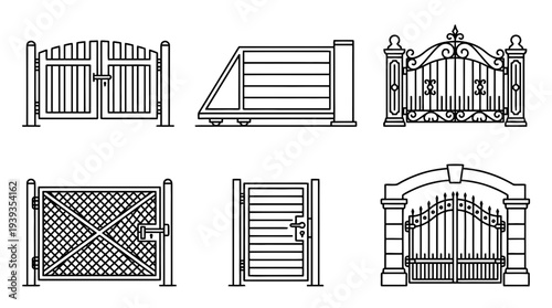 collection of gate, minimal thin icon vector set , white background , PNG and SVG isolate