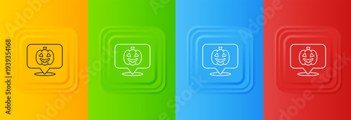 White Pumpkin icon isolated on colorful background. Happy Halloween party. Set icons in square buttons. Vector