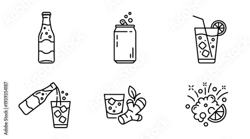 collection of ginger ale, minimal thin icon vector set , white background , PNG and SVG isolate