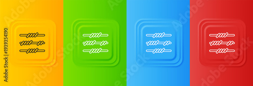 White Barbed wire icon isolated on colorful background. Set icons in square buttons. Vector