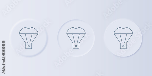Grey Box flying on parachute icon isolated on grey background. Parcel with parachute for shipping. Delivery service, air shipping. Set icons in square buttons. Vector
