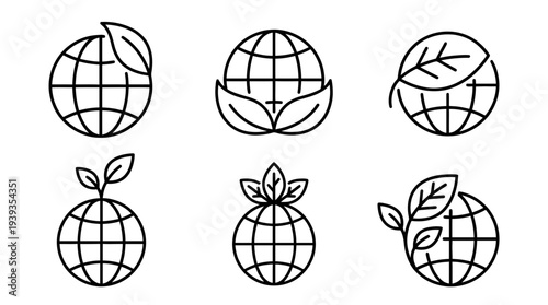 collection of globe with leaf, minimal thin icon vector set , white background , PNG and SVG isolate