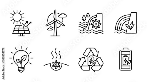 collection of green energy, minimal thin icon vector set , white background , PNG and SVG isolate