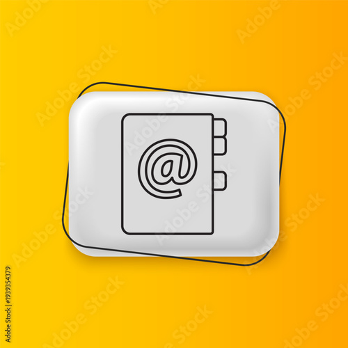 Black Address book icon isolated on yellow background. Notebook, address, contact, directory, phone, telephone book icon. Silver rectangle button. Vector