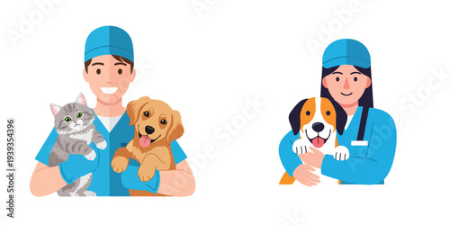 Veterinarian with cat and dog, friendly professionals