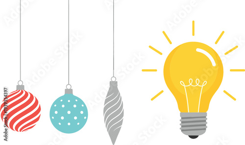 Creative Idea Concept Vector Illustration with Glowing Light Bulb and Hanging Decorative Ornaments Symbolizing Inspiration, Innovation, Creativity, and Imagination