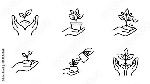 collection of hands holding plant, minimal thin icon vector set , white background , PNG and SVG isolate