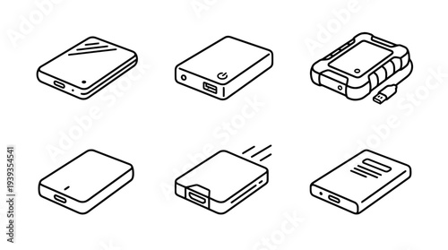 collection of hard drive external, minimal thin icon vector set , white background , PNG and SVG isolate