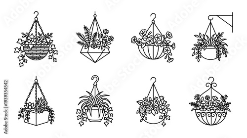 collection of hanging basket, minimal thin icon vector set , white background , PNG and SVG isolate