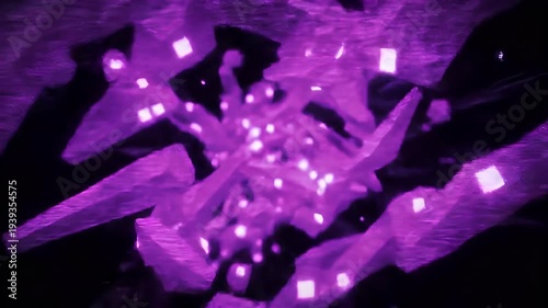 Vibrant purple lights dance in a futuristic display of technology and innovation, showcasing abstract shapes and geometric forms.