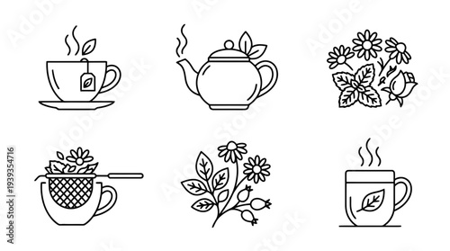 collection of herbal tea, minimal thin icon vector set , white background , PNG and SVG isolate