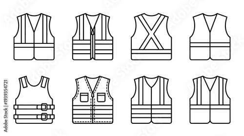 collection of high visibility vest, minimal thin icon vector set , white background , PNG and SVG isolate