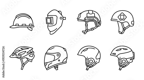 collection of helmet, minimal thin icon vector set , white background , PNG and SVG isolate