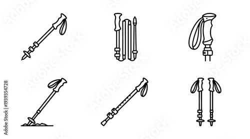 collection of hiking pole, minimal thin icon vector set , white background , PNG and SVG isolate