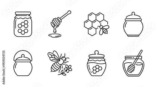collection of honey jar, minimal thin icon vector set , white background , PNG and SVG isolate