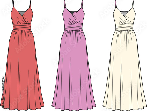 Elegant, sleeveless, maxi, dress, set, women, fashion, illustration, red, pink, beige, evening, gown, collection, summer, stylish, long, dress, design, vector