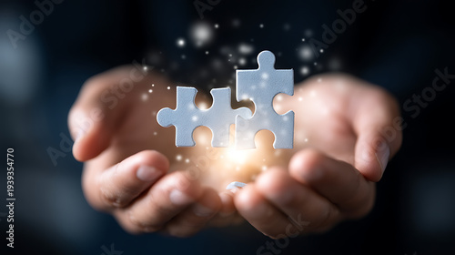 Foto Hands holding illuminated puzzle pieces