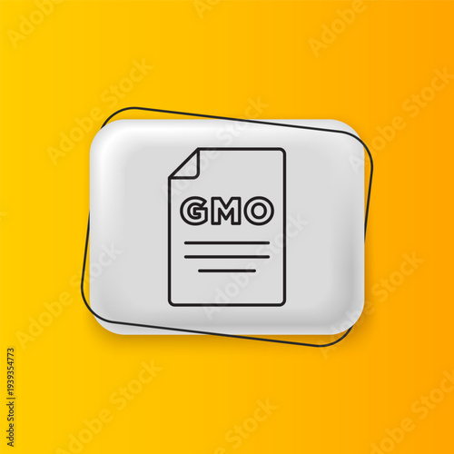 Black GMO icon isolated on yellow background. Genetically modified organism acronym. Dna food modification. Silver rectangle button. Vector