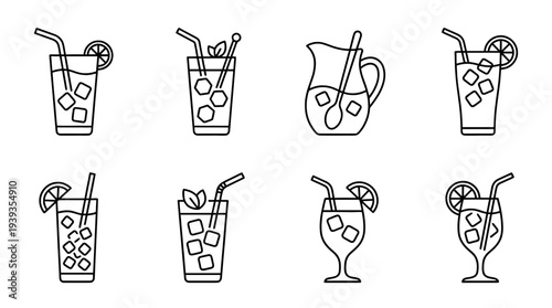 collection of iced tea, minimal thin icon vector set , white background , PNG and SVG isolate