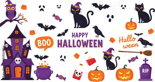 Halloween illustration set with haunted house pumpkin black cat owl bat candy witch cauldron spooky holiday decoration vector collection