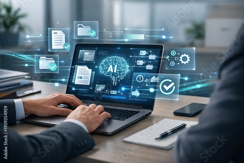 Business Using Laptop with AI Brain Digital Interface and Workflow