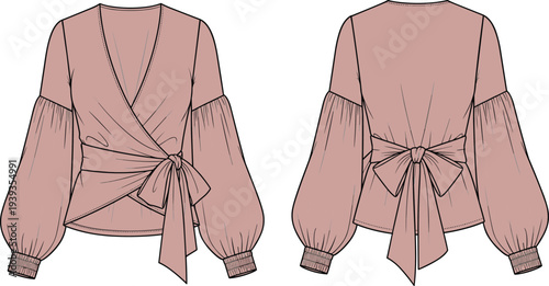 Elegant, women, wrap, blouse, front, back, view, puff, sleeve, belted, fashion, illustration, pink, stylish, clothing, design, vector, template, outfit, modern