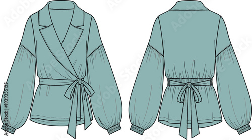Elegant, women, wrap, blouse, jacket, front, back, view, long, puff, sleeve, belted, fashion, illustration, stylish, clothing, design, vector, template, outfit