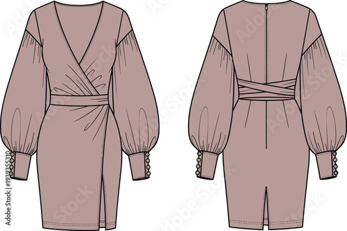 Elegant, women, wrap, midi, dress, front, back, view, long, puff, sleeve, fashion, illustration, belted, stylish, modern, clothing, design, vector, template