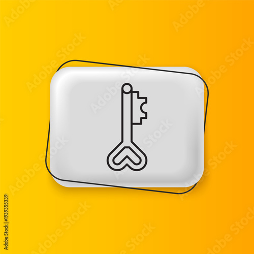 Black Key in heart shape icon isolated on yellow background. 8 March. International Happy Women Day. Silver rectangle button. Vector