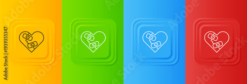 White Healed broken heart or divorce icon isolated on colorful background. Shattered and patched heart. Love symbol. Valentines day. Set icons in square buttons. Vector