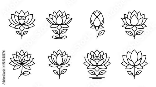collection of lotus flower, minimal thin icon vector set , white background , PNG and SVG isolate
