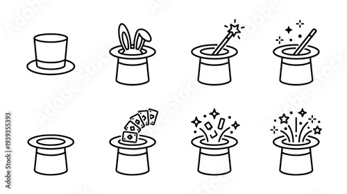 collection of magic tricks hat, minimal thin icon vector set , white background , PNG and SVG isolate