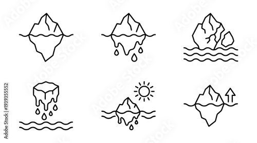 collection of melting iceberg, minimal thin icon vector set , white background , PNG and SVG isolate