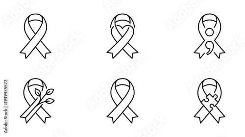 collection of mental health ribbon, minimal thin icon vector set , white background , PNG and SVG isolate