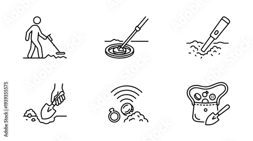 collection of metal detecting, minimal thin icon vector set , white background , PNG and SVG isolate