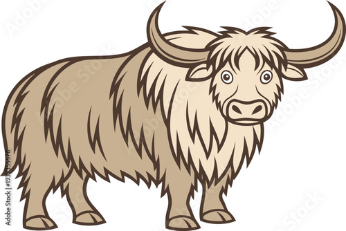Yak Single Animal Illustration Concept. Himalayan Yak Isolated Animal Concept. Yak Mountain Mammal Wildlife Theme. Single Yak Highland Animal Illustration. Yak Domestic Mountain Animal Concept