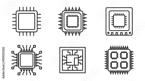 collection of microchip processor, minimal thin icon vector set , white background , PNG and SVG isolate