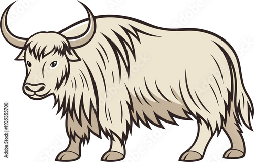 Yak Single Animal Illustration Concept. Himalayan Yak Isolated Animal Concept. Yak Mountain Mammal Wildlife Theme. Single Yak Highland Animal Illustration. Yak Domestic Mountain Animal Concept