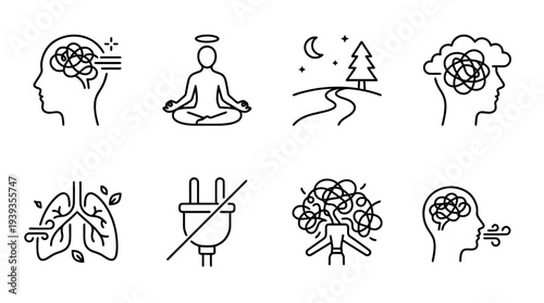 collection of mind detox, minimal thin icon vector set , white background , PNG and SVG isolate